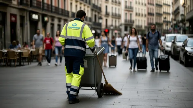 Trabajador de limpieza urbana barre una calle céntrica mientras transeúntes circulan