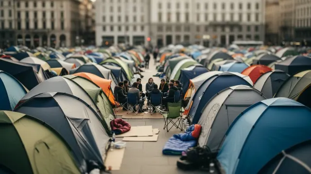Múltiples tiendas de campaña en una plaza urbana rodeada de edificios
