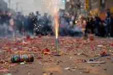 Fuegos artificiales encendidos en una calle llena de confeti