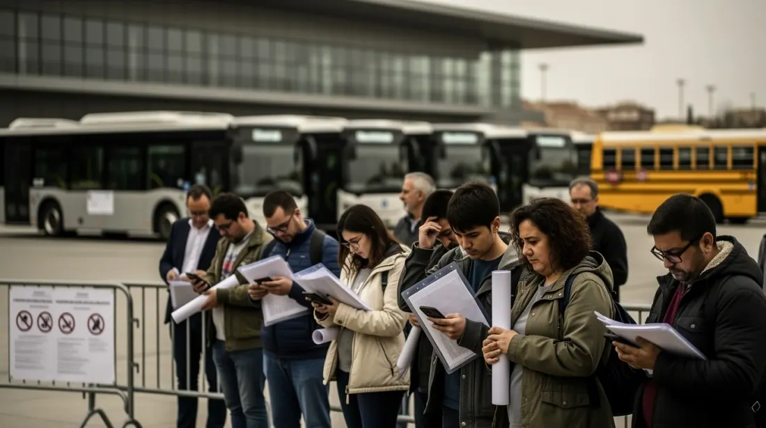 Un grupo de personas consulta documentos en una parada de autobuses