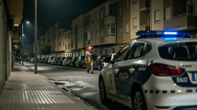 Vehículos policiales con luces activadas en una calle nocturna de un barrio