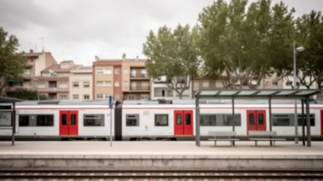Tren de cercanías blanco con puertas rojas detenido en una estación junto a edificios residenciales de varios pisos