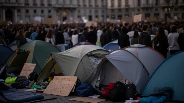 Campamento de tiendas de campaña en una plaza con manifestantes de fondo