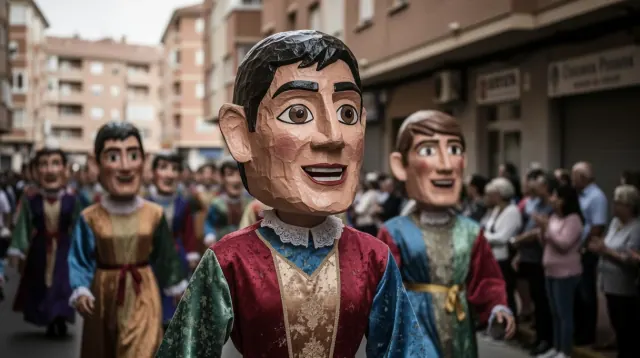 Figuras de cabezudos en una plaza durante una festividad popular