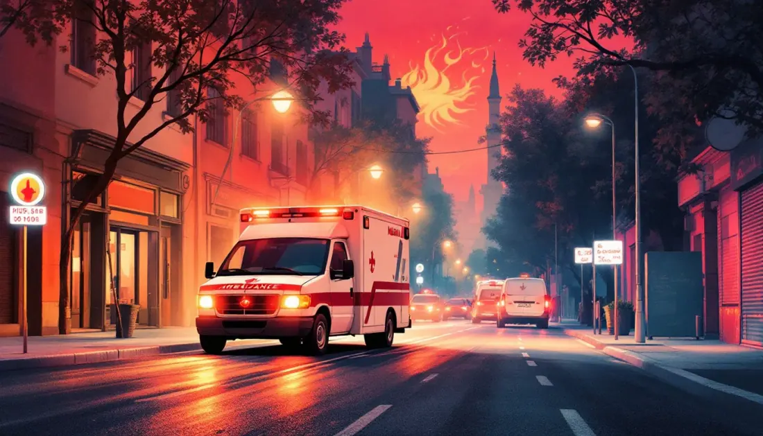 Ilustración editorial abstracta de una emergencia médica por calor extremo en entorno urbano