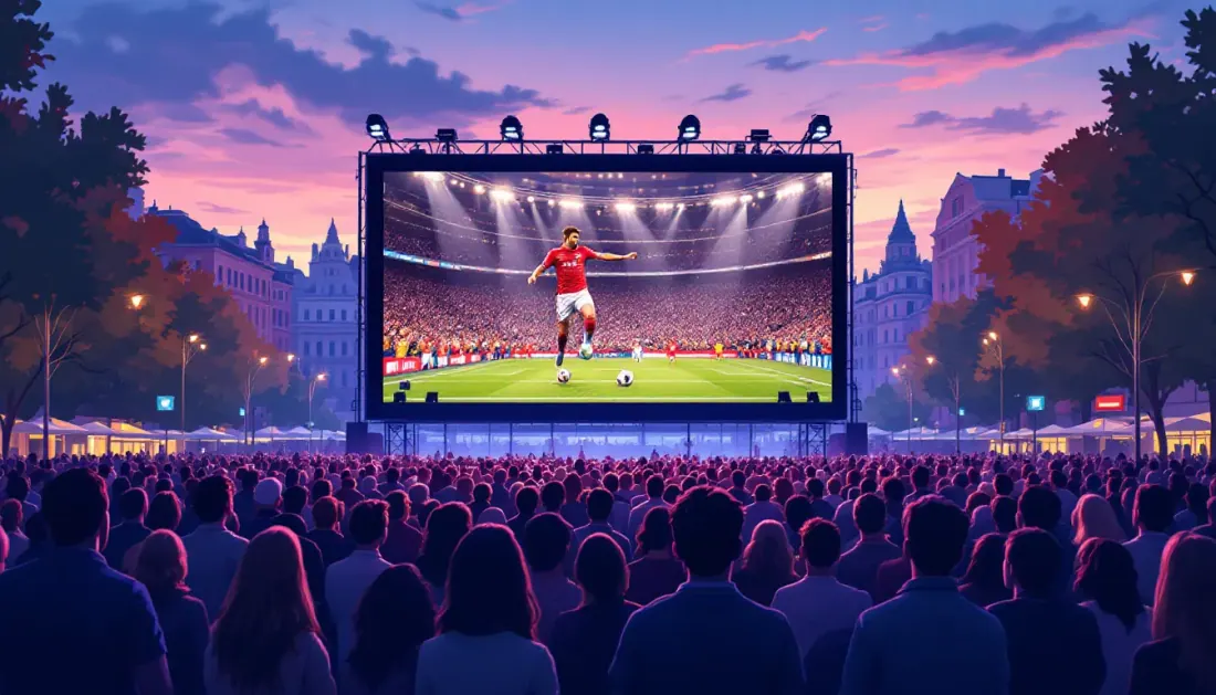 Ilustración de una pantalla gigante en plaza urbana con público viendo un partido de fútbol