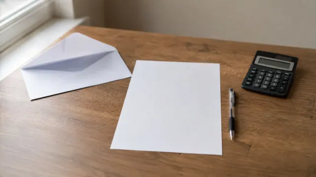 Escritorio de madera con sobre, papel en blanco, calculadora y bolígrafo