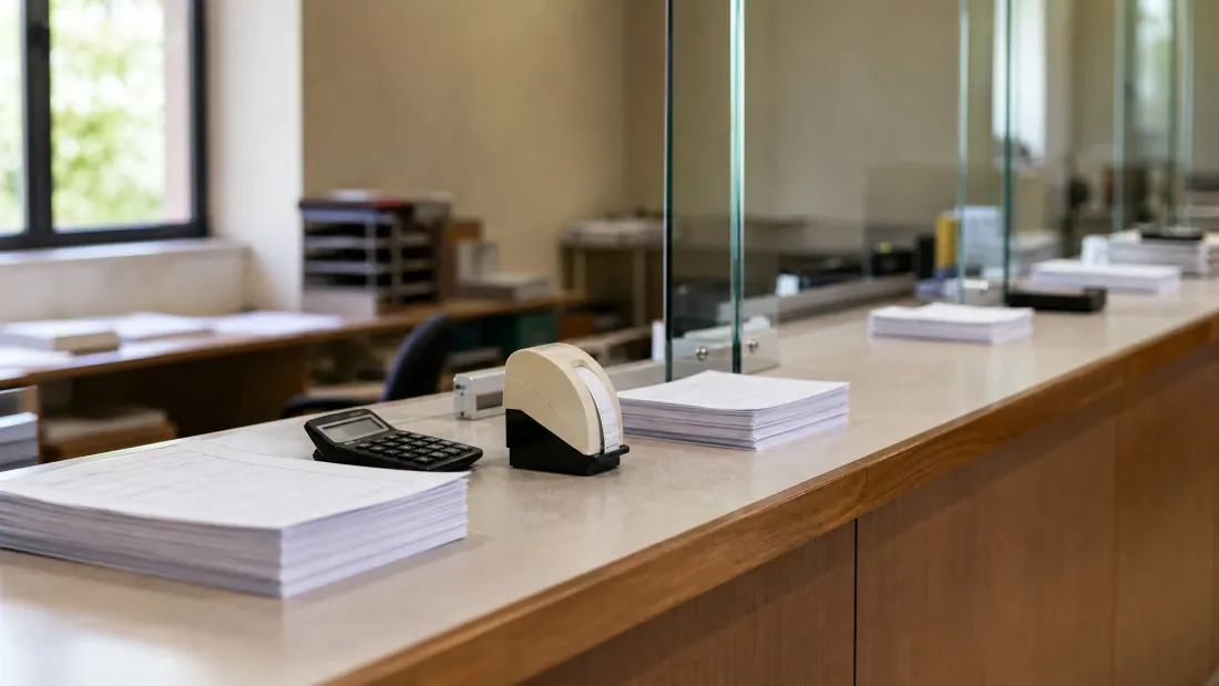 Mostrador de oficina con tacos de papel y dispositivos de oficina alineados
