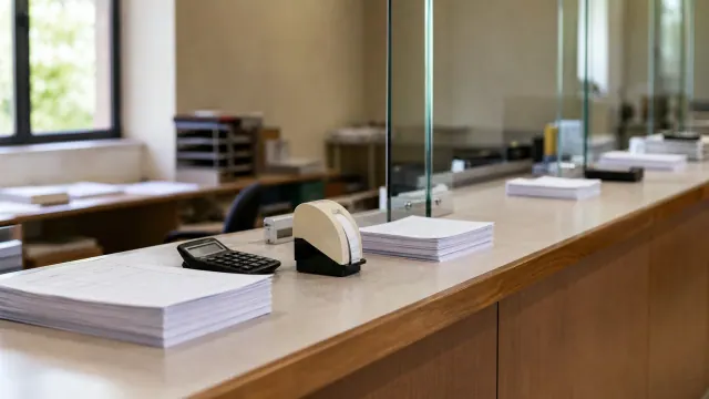 Mostrador de oficina con tacos de papel y dispositivos de oficina alineados