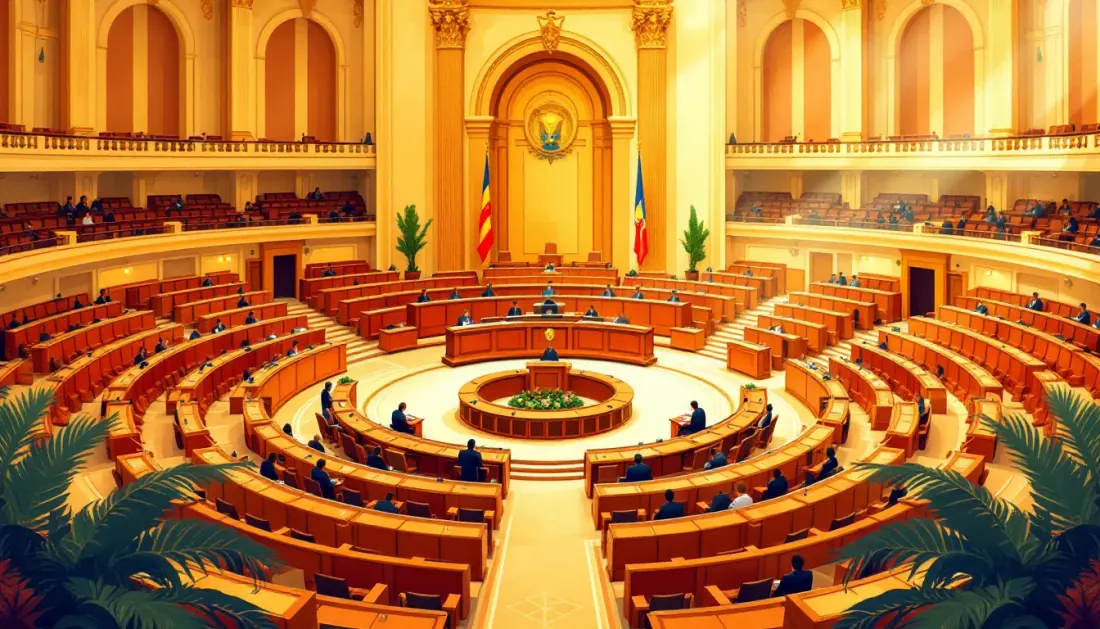 Ilustración conceptual de una cámara parlamentaria autonómica con disposición semicircular de escaños