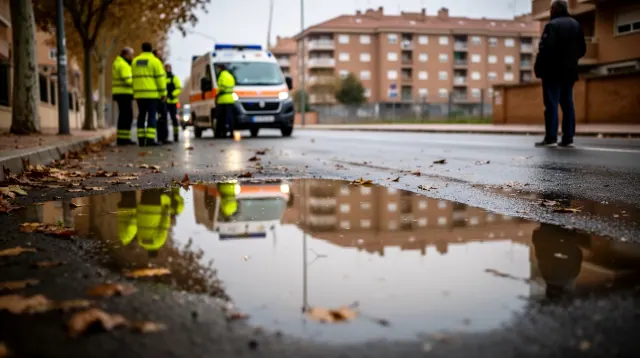 Operarios municipales en una calle mojada junto a un vehículo de servicios