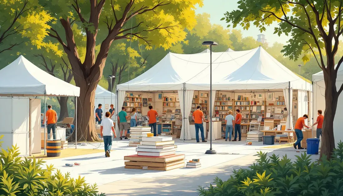 Ilustración editorial de la preparación de una feria del libro al aire libre con casetas y trabajadores