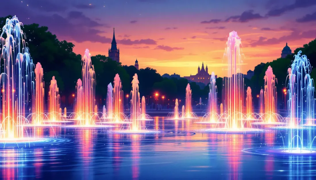 Ilustración abstracta de espectáculo de luz y agua en parque temático europeo