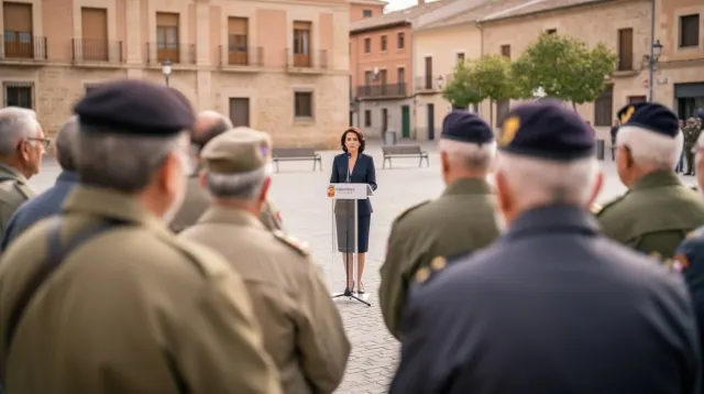 Una mujer interviene en un acto público ante un grupo de personas en uniforme