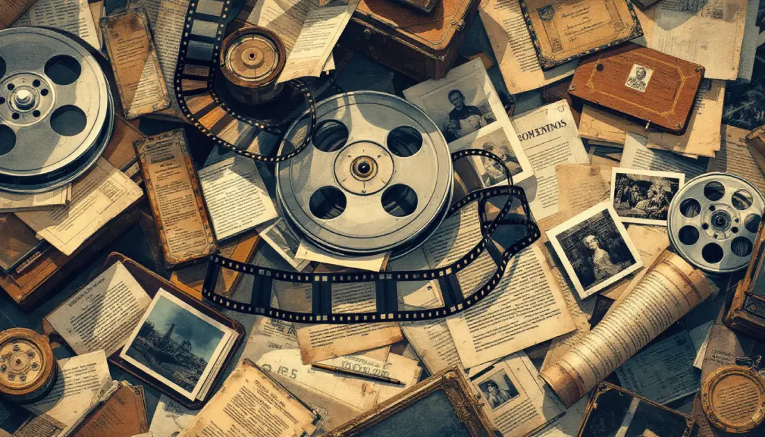Ilustración editorial de archivo cinematográfico con documentos y rollos de película