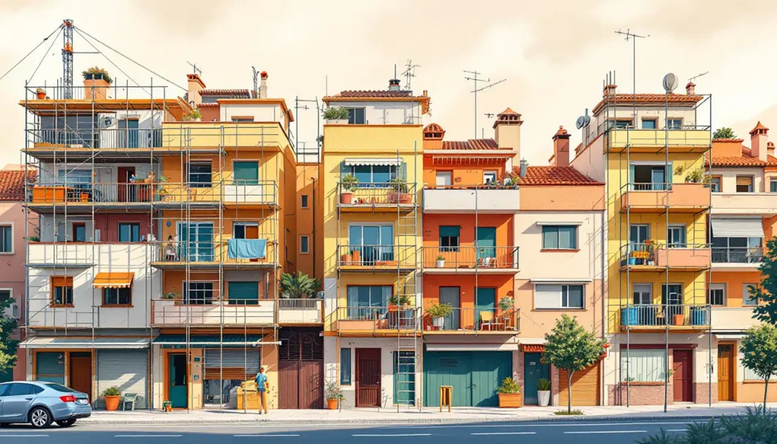 Ilustración conceptual sobre rehabilitación de edificios residenciales en barrios de Madrid