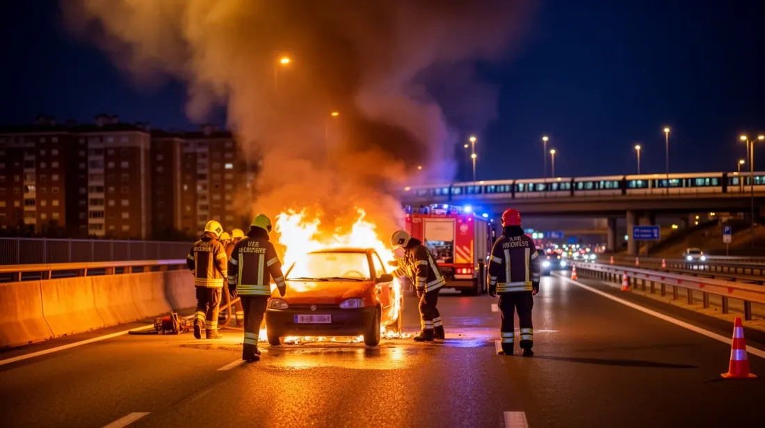 Bomberos extinguiendo un vehículo incendiado en una autopista nocturna