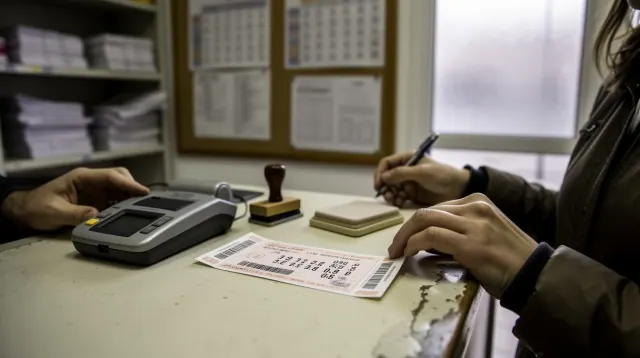 Personas realizando trámites administrativos en una oficina con documentos y sello