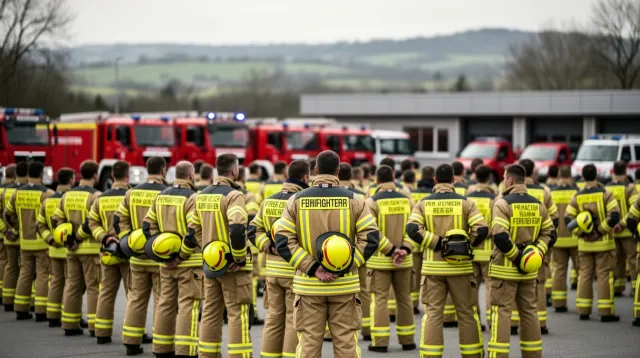 Un grupo de bomberos en uniforme amarillo y beige de espaldas frente a vehículos