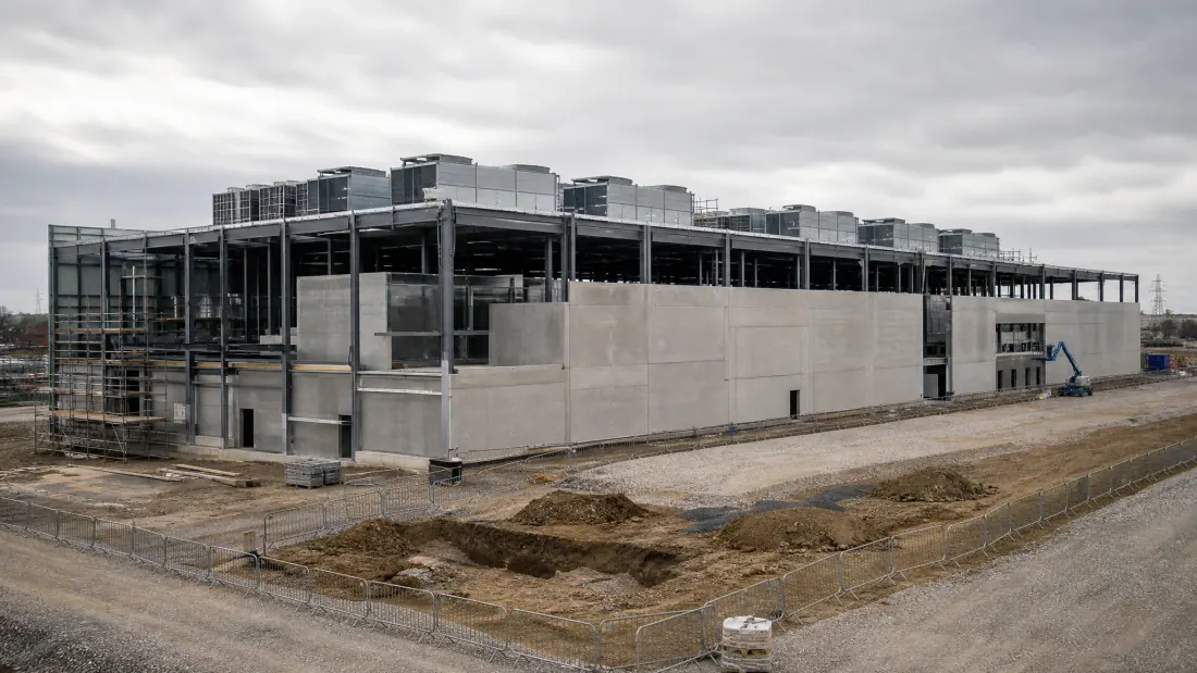 Edificio de hormigón en construcción con estructura metálica y sistemas