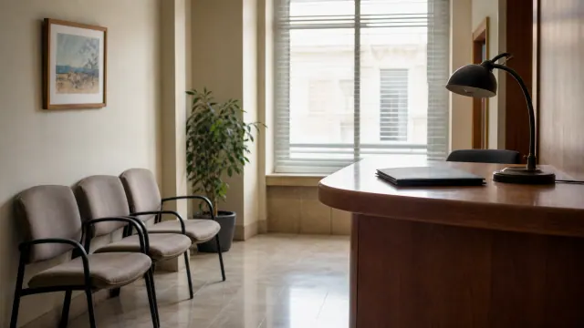 Sala de espera de oficina con sillas grises, escritorio de madera y lámpara negra