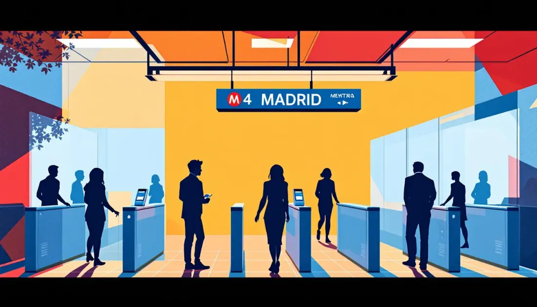 Ilustración editorial de acceso al Metro de Madrid con lectores de tarjeta de transporte