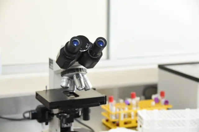 Microscopio y tubos de muestras en un laboratorio