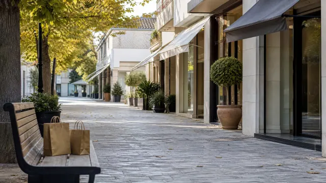 Paseo peatonal con tiendas, bancos y bolsas de compra junto a un árbol