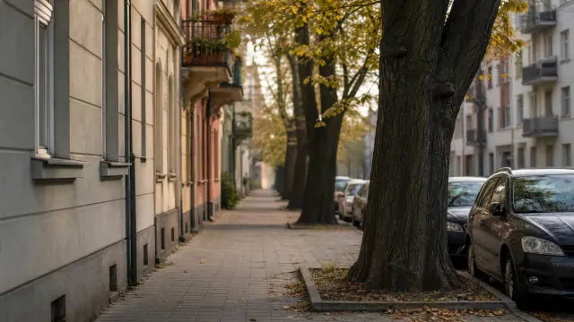 Acera de calle urbana flanqueada por árboles y edificios residenciales con coches