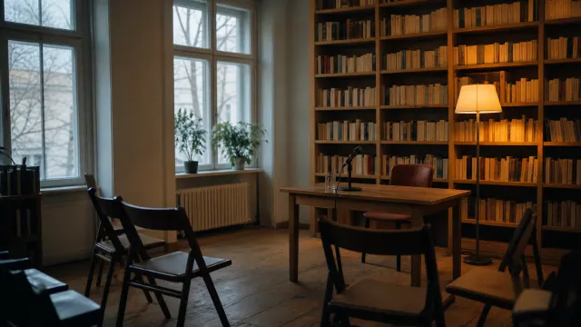Sala de lectura con estantería de madera llena de libros y escritorio junto