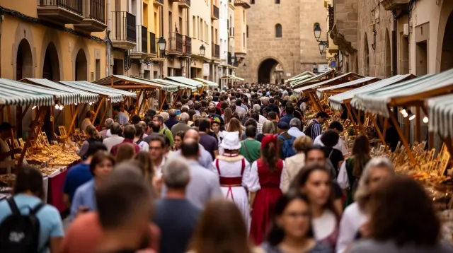 Multitud de personas en un mercado callejero medieval con puestos de lona blanca