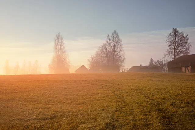 Pradera con niebla y casas rurales al amanecer