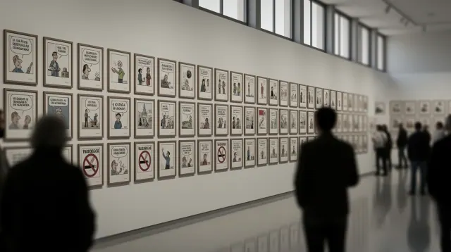 Visitantes observan una instalación de múltiples carteles enmarcados en blanco