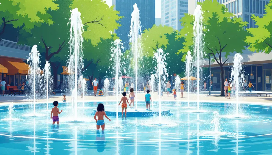 Ilustración de juegos de agua infantiles en plaza urbana con surtidores