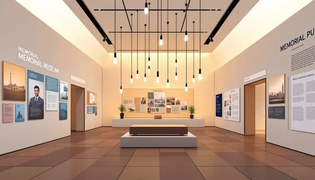 Ilustración de un espacio museístico memorial con paneles expositivos y luces suspendidas