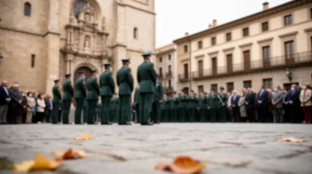 Formación de militares en uniforme verde en una plaza porticada frente a iglesia
