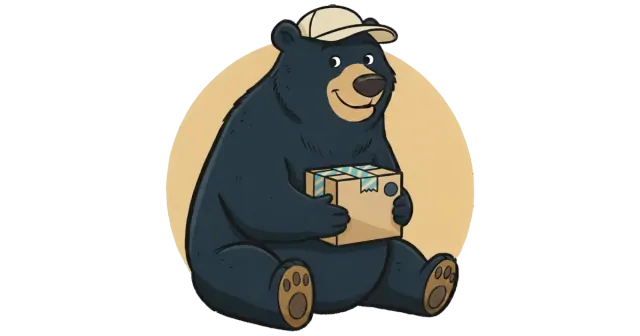 Ilustración de un oso con gorra sosteniendo una caja de cartón