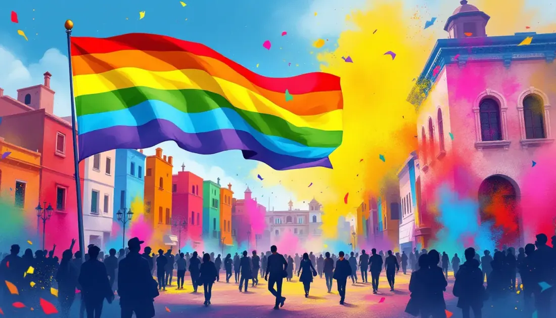 Ilustración abstracta de bandera arcoíris sobre plaza urbana con celebración festiva