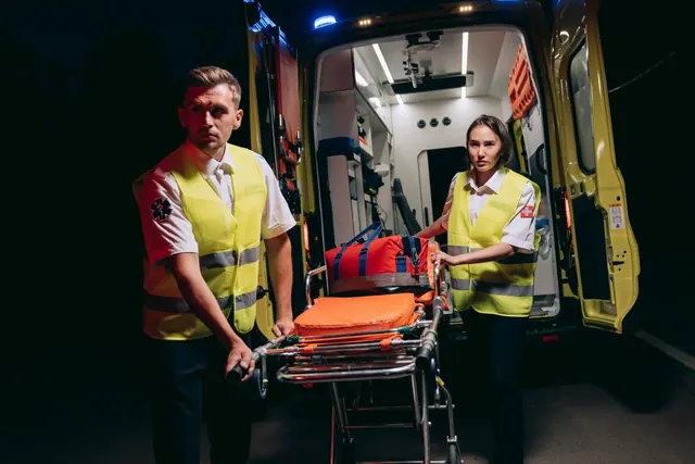 Ambulancia de emergencias del 112 de Madrid atendiendo un accidente de tráfico