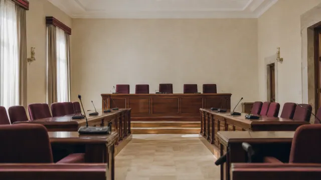 Sala de juicios con estrado de madera y sillas tapizadas en borgoña a ambos lados