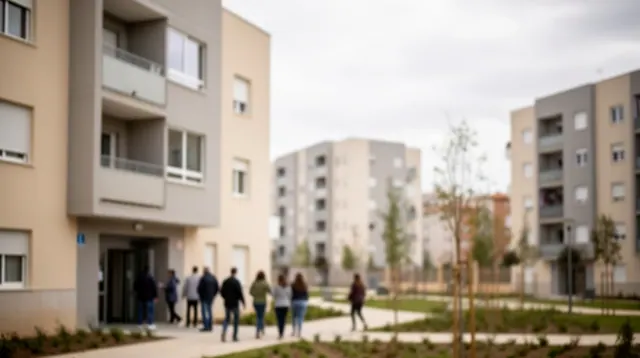 Grupo de personas en el acceso a un bloque de viviendas residenciales