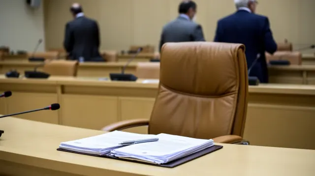 Silla vacía de cuero marrón en una sala de plenos con documentos sobre la mesa