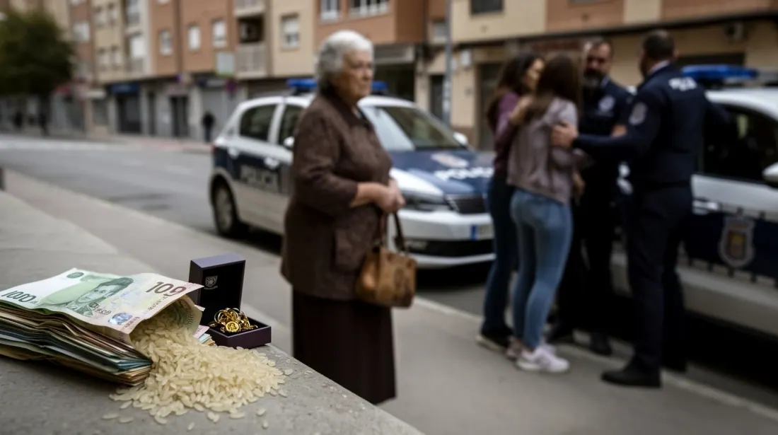 Billetes y monedas dispersos en la acera frente a vehículos policiales y personas