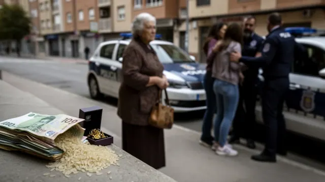 Billetes y monedas dispersos en la acera frente a vehículos policiales y personas