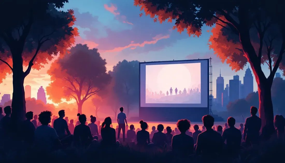 Ilustración de una proyección de cine al aire libre en un parque urbano durante una tarde de verano