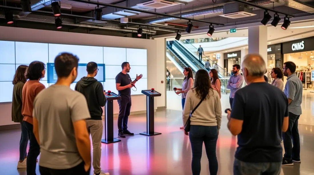 Un grupo de personas asiste a una presentación en un espacio comercial interior