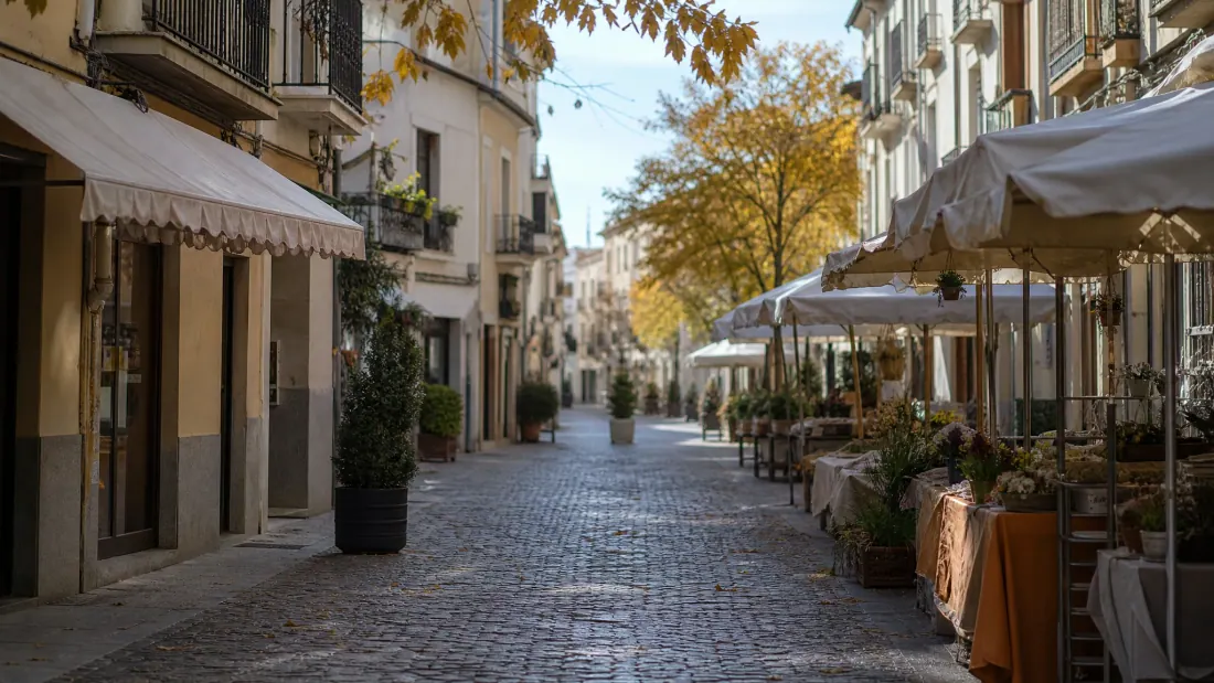 Calle peatonal con terrazas y edificios históricos en una ciudad española