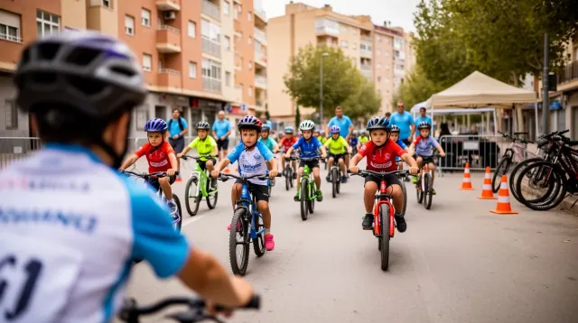 Grupo de niños en bicicleta durante una carrera en una plaza urbana