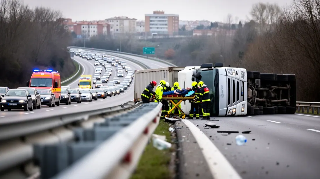 Bomberos atienden un vehículo volcado en una autopista con tráfico detenido