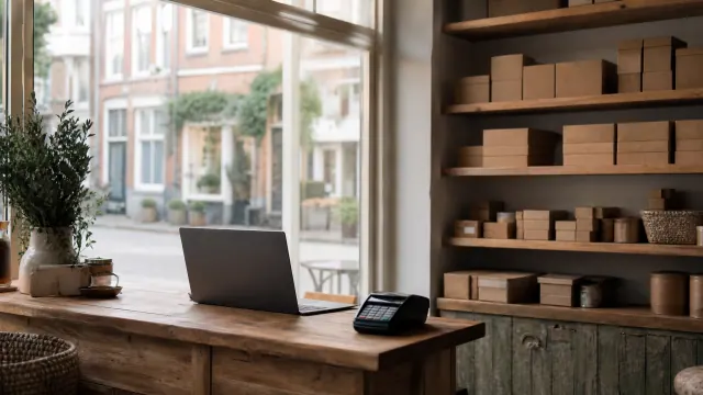 Escritorio junto a ventanal con portátil, planta y estantería de madera con cajas